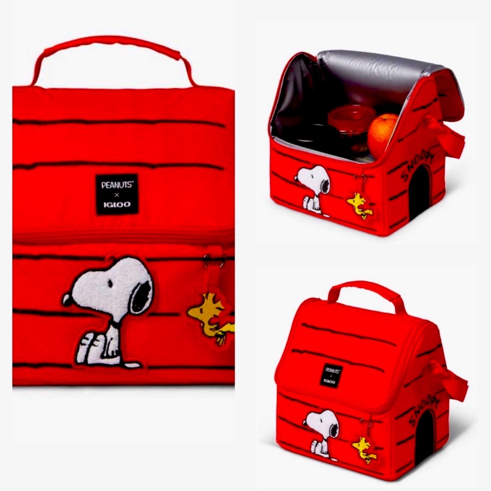 Red Snoopy Insulated Lunch Bag that is in a dog house shape.